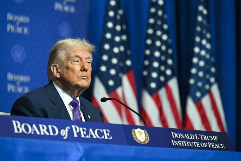 President Donald Trump attends the inaugural meeting of the "Board of Peace" at the US Institute of Peace in Washington, DC, on February 19, 2026.