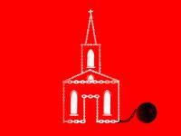 Illustration of a New England church made out of chains and a ball and chain attached to it