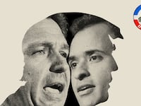 Photo illustration of Ron DeSantis and Vivek Ramaswamy placed within the silhouette of Donald Trump’s profile