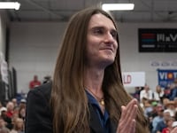 PUEBLO, CO - APRIL 11: Conservation activist Scott Presler is introduced as Rep. Lauren Boebert's special guest before he takes the stage during the Colorado Republican State Assembly on Saturday, April 11, 2026, at Massari Arena on the Colorado State University Pueblo campus in Pueblo, Colo. (Photo by Timothy Hurst/MediaNews Group/The Denver Post via Getty Images)
