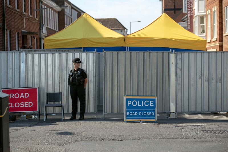 Police remain at the scene in Rollestone Street, Salisbury, where counter-terrorism officers are investigating after Dawn Sturgess died after she and her partner were exposed to the nerve agent Novichok. (Photo by Steve Parsons/PA Images via Getty Images)