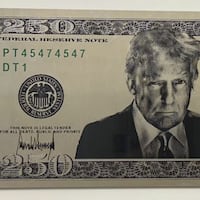 A mock-up design of a proposed $250 bill featuring the president’s face and signature