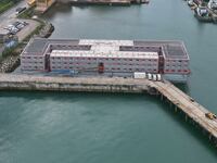 An aerial view shows the Bibby Stockholm barge moored at Portland Port, near Poole, Britain, August 7, 2023.