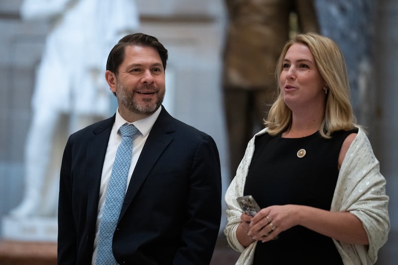 Sen. Ruben Gallego, D-Ariz., and his wife, Sydney, are seen in the U.S. Capitol's Statuary Hall before King Charles III addressed a joint meeting of Congress on Tuesday, April 28, 2026.