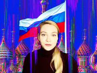 A photo illustration of Mira Terada and the Kremlin, and Russian flag.