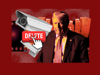 A photo animation of former President Trump and a mouse cursor clicking a delete button superimposed over a security camera.