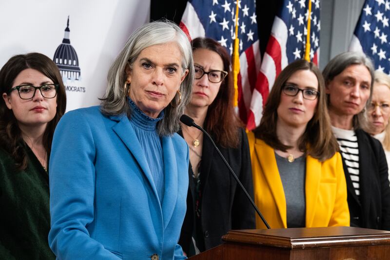 UNITED STATES - MARCH 13: From left, Rep. Sarah Elfreth, D-Md., House Minority Whip Katherine Clark, D-Mass., Reps. Laura Friedman, D-Calif., Sarah McBride, D-Del., Maxine Dexter, D-Ore., and Kelly Morrison, D-Minn., conduct a news conference with freshmen women during the House Democrats 2025 Issues Conference at the Lansdowne Resort in Leesburg, Va., on Thursday, March 13, 2025.