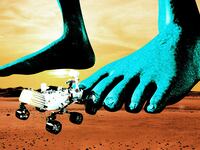 An illustration that includes images of Ancient Aliens, Extraterrestrial Life, Mars, Space, Light, and a Small Vehicle.
