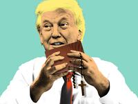 Donald Trump holding a Trump Bible and a rosary like he is eating it like a burger or sandwich