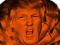 Photo illustration of Donald Trump’s face while he is yelling, colored orange.