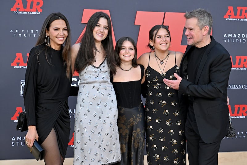 LOS ANGELES, CALIFORNIA - MARCH 27: (L-R) Luciana Damon, Alexia Barroso, Stella Damon, Isabella Damon, and Matt Damon attend the Amazon Studios' World Premiere of "AIR" at Regency Village Theatre on March 27, 2023 in Los Angeles, California. (Photo by Axelle/Bauer-Griffin/FilmMagic)