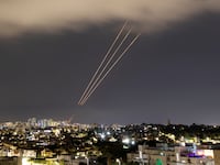 Israeli air defense shoots down an incoming missile over Israel.