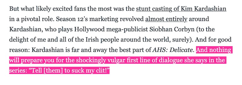 Screenshot highlighting text of article referenced on The Daily Beast