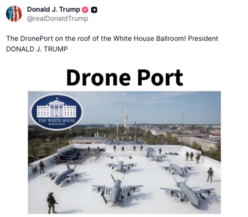 AI image depicting drones atop the completed White House Ballroom replacing the East Wing.
