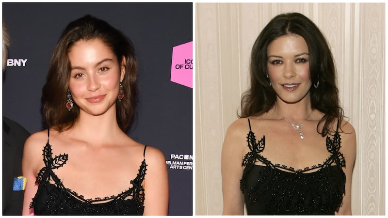 Carys Zeta Douglas in 2025 and Catherine Zeta-Jones in 2005 wearing the same strappy little black dress.
