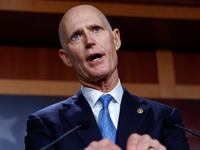 Senator Rick Scott (R-FL) calls for the rescinding of the COVID-19 mandate for U.S. military during a news conference about the National Defense Authorization Act, on Capitol Hill in Washington, DC.
