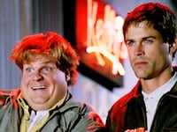 LOS ANGELES - MARCH 31: The movie "Tommy Boy", directed by Peter Segal. Seen here from left, Chris Farley as Tommy Callahan and Rob Lowe as Paul Barrish. Initial theatrical release March 31, 1995. Screen capture. Paramount Pictures. (Photo by CBS via Getty Images)