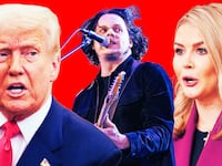 A photo illustration of Donald Trump, Jack White, and Karoline Leavitt.