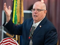 Former Maryland governor and and Republican Senate candidate Larry Hogan speaks during a campaign event at the VFW Post 9619 on July 16, 2024.