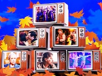 A photo illustration of Fall television and falling leaves. RHOSLC, Task, Ghosts, The Lowdown, Matlock and Dancing With the Stars.