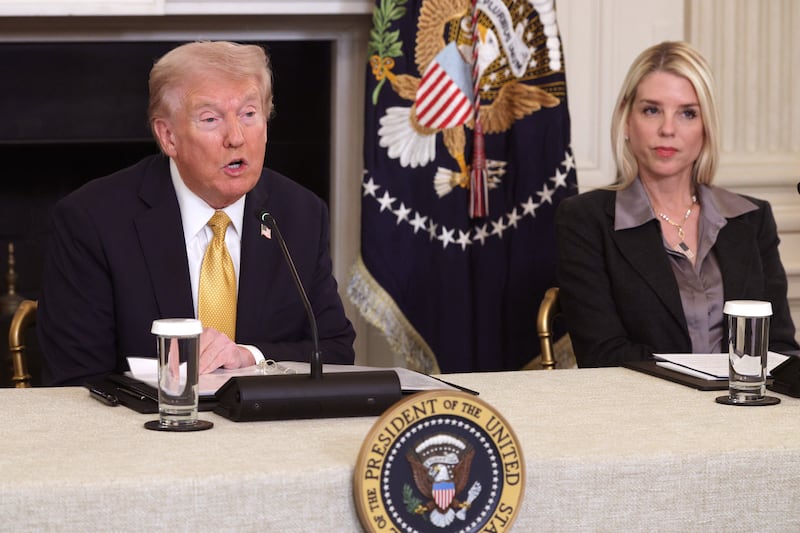 President Donald Trump, joined by Attorney General Pam Bondi, delivers an announcement on his Homeland Security Task Force in the State Dining Room of the White House on October 23, 2025 in Washington, DC.