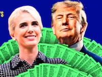 A photo illustration of Natalie Harp and Donald Trump and money.