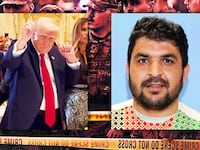 A photo illustration of Donald Trump dancing during Thanksgiving, National Guard soldiers, and Rahmanullah Lakanwal.
