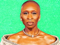 A photo illustration of Cynthia Erivo on a green glitter background.