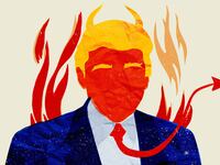 Illustration of Donald Trump with his red tie as a devil's tail and horns from his hair and fire behind him