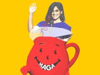 Photo illustration of Usha Vance on the Kool Aid man