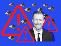 A photo illustration of Oklahoma’s Superintendent of public Instruction Ryan Walters and threat warning symbols and empty school desks.
