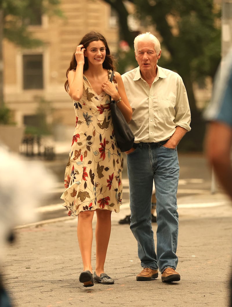 Diana Silvers and Richard Gere are seen filming at the "Asymmetry" set in Uptown, Manhattan on July 15, 2026 in New York City. (Photo by Jose Perez/Bauer-Griffin/GC Images)