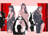 A photo illustration of Taylor Swift during the eras tour with fans in a theater singing and dancing around her