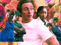 A photo collage of the cast of The Bear with Jeremy White, Ayo Edebiri, Ebon Moss-Bachrach, Matty Matheson, Lionel Boyce, Liza Colón-Zayas, Edwin Lee Gibson.