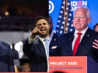 Republican presidential candidate, former U.S. President Donald Trump (L) and Republican vice presidential candidate, U.S. Sen. J.D. Vance (R-OH) at the Republican National Convention and Minnesota Gov. Tim Walz speaks at a press conference.