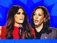 A photo illustration of Kimberly Guilfyole and Kamala Harris.
