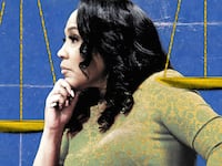 Photo illustration of Fani Willis with Scales of Justice around her on a blue background