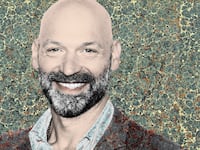 Photo illustration of Corey Stoll on a marble paper background