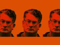 Photo illustration of the mugshot of former ABC investigative reporter James Gordon Meek on an orange background.