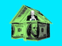 An illustration including a photo of U.S. President Joe Biden and a money house