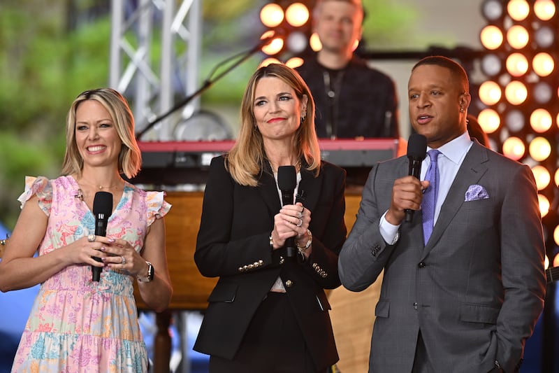 NEW YORK, NY - MAY 13: Dylan Dreyer, Savannah Guthrie and Craig Melvin are seen on NBC's "Today" Citi Concert Series at Rockefeller Plaza on May 13, 2025 in New York City. (Photo by NDZ/Star Max/GC Images)