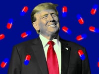 A photo illustration of Donald Trump and red and blue pills.