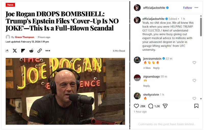 Jack White calls out Joe Rogan on Instagram.