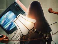 Poster for series Demons and Saviors showing the back of a young girl with a tv, telephone, and lamp swirling around her.