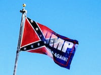 A photo illustration showing a Confederate flag and Trump 2024 flag.