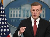 National Security Advisor Jake Sullivan speaks from the White House briefing room podium.