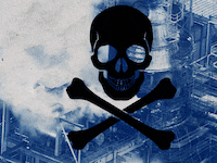 oil refinery with skull and crossbones in foreground hydrofluoric acid bhopal bp explosion environmental