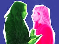 A photo illustration of Kim Kardashian and Emma Roberts.