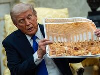 WASHINGTON, DC - OCTOBER 22, 2025: U.S. President Donald Trump speaks holding a photos of the new ballroom during a meeting with NATO Secretary General Mark Rutte in the Oval Office of the White House in Washington, DC on October 22, 2025.