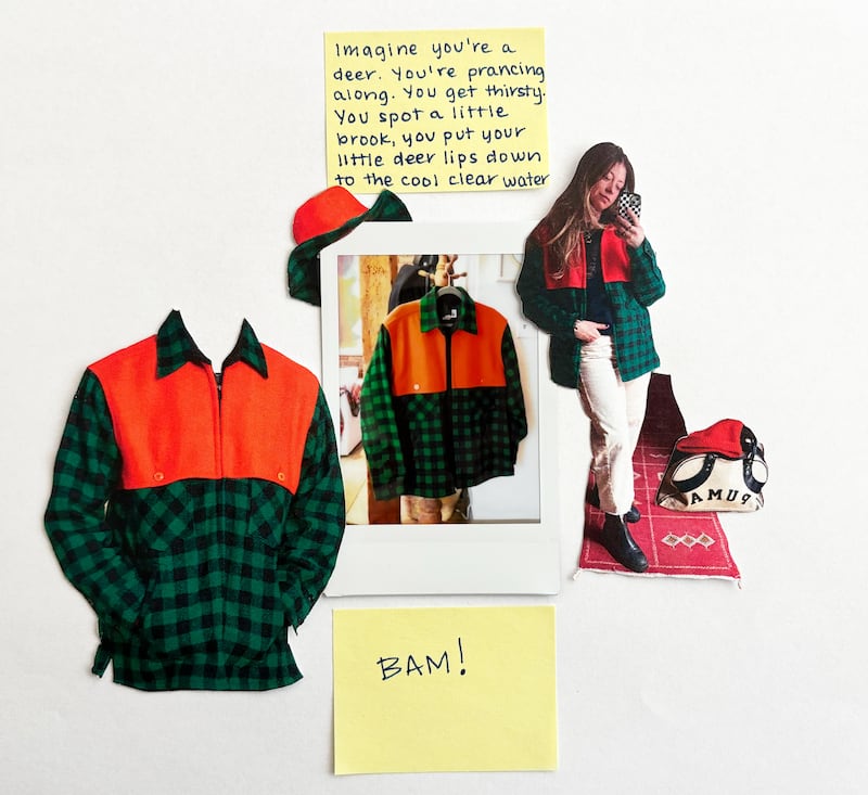 Hunting jacket with green buffalo plaid and orange